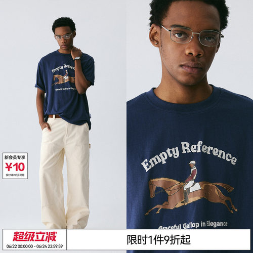 EMPTY REFERENCE 藏青色雪花肌理手绘马术印花上衣短袖T恤打底衫