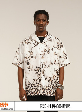 EMPTY REFERENCE 美式街头豹纹花朵印花短袖衬衫情侣款古巴领衬衣