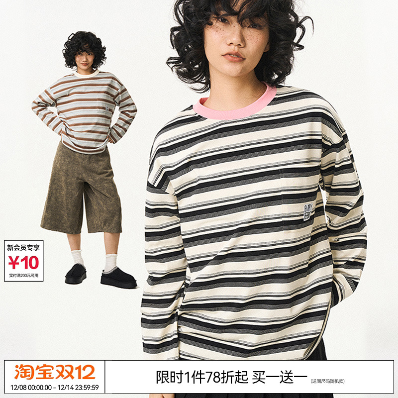 条纹上衣宽松长袖T恤打底衫