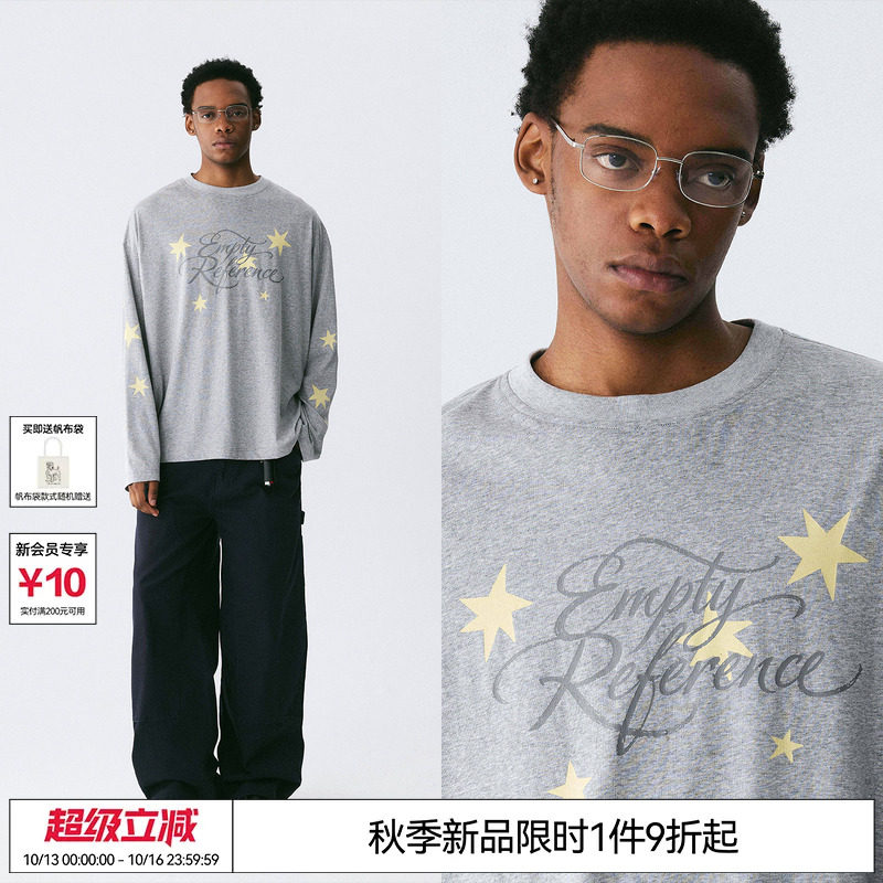EMPTY REFERENCE手绘星夜字母印花纯棉上衣打底衫休闲宽松长袖T恤