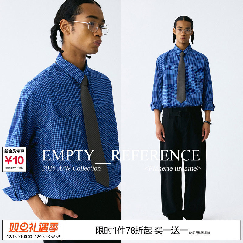 EMPTY REFERENCE结构分割色织格纹贴袋经典方领休闲衬衣长袖衬衫