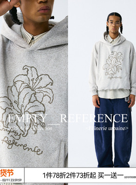 EMPTY REFERENCE 编织质感复古手绘花朵印花上衣宽松重磅连帽卫衣