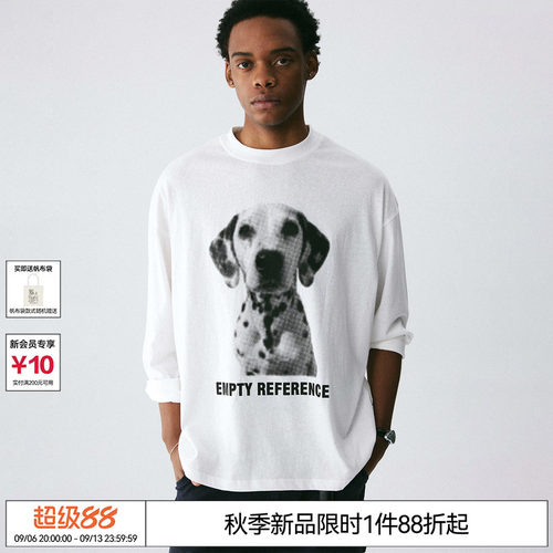 EMPTY REFERENCE 白色网点油墨斑点狗印花上衣雪花棉宽松长袖T恤