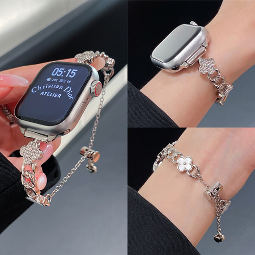 适用iwatch四叶草金属手镯表带