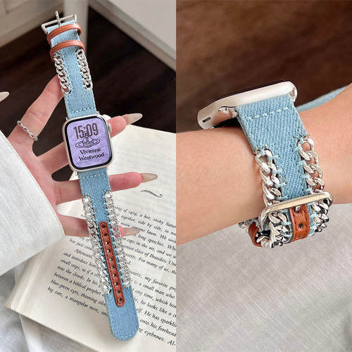 适用iwatch个性手工链条牛仔表带