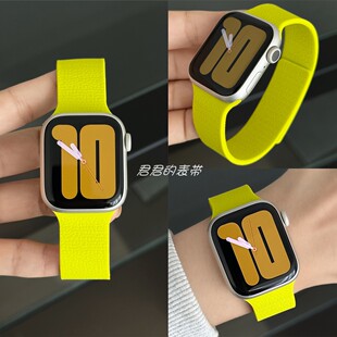 适用苹果手表s11代iwatch纯色荔枝纹硅胶磁吸表带applewatch987se