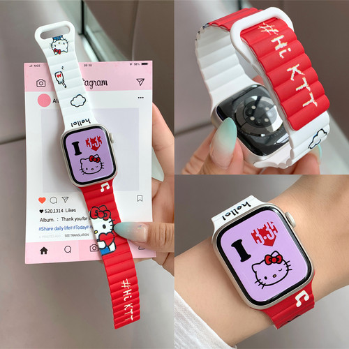 适用iwatch可爱KT猫磁吸硅胶表带