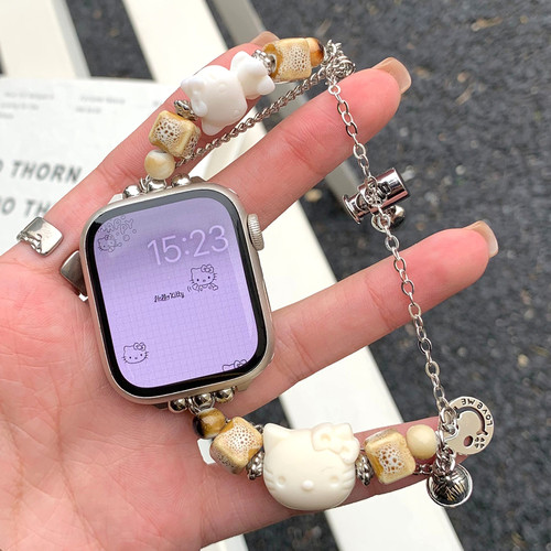 适用iwatch陶瓷KT猫手链串珠表带