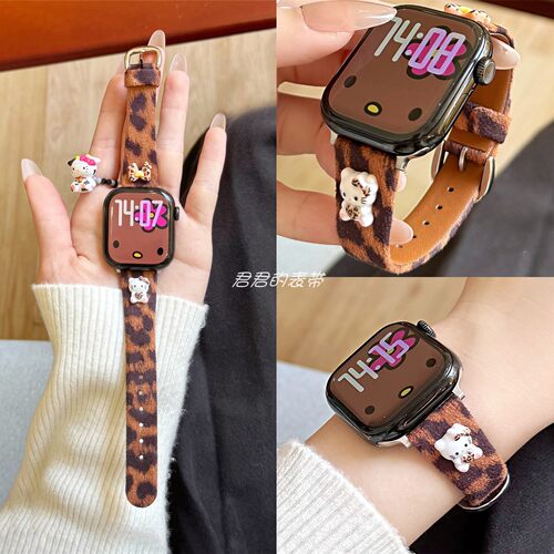 适用iwatch豹纹立体KT猫毛绒表带
