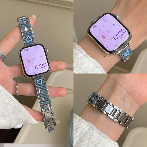 适用iwatch牛仔彩钻金属手镯表带