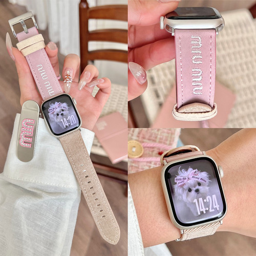 适用iwatch牛仔刺绣miu皮质表带