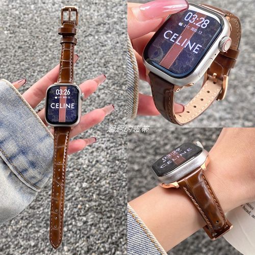 适用iwatch细款亮面竹节真皮表带