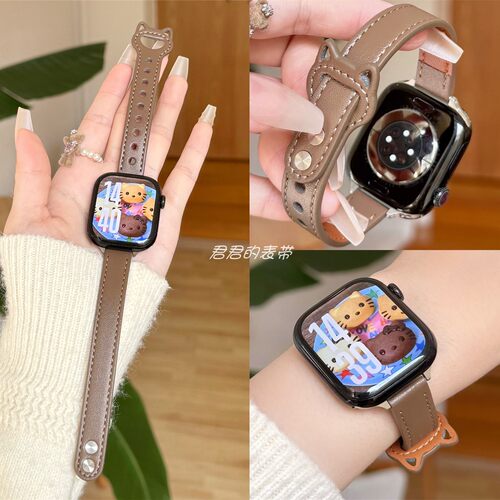 适用iwatch可爱猫耳双钉真皮表带