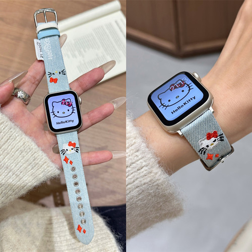 适用iwatch可爱KT猫牛仔刺绣表带