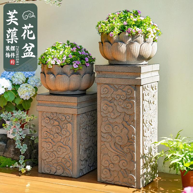 庭院石柱墩底座盆景架仿石头花盆中式花架户外盆栽室外水泥门墩