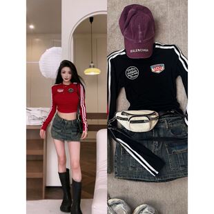 【PAN】辣妹秋季性感复古圆领上衣高腰做旧包臀修身牛仔裙裤P382