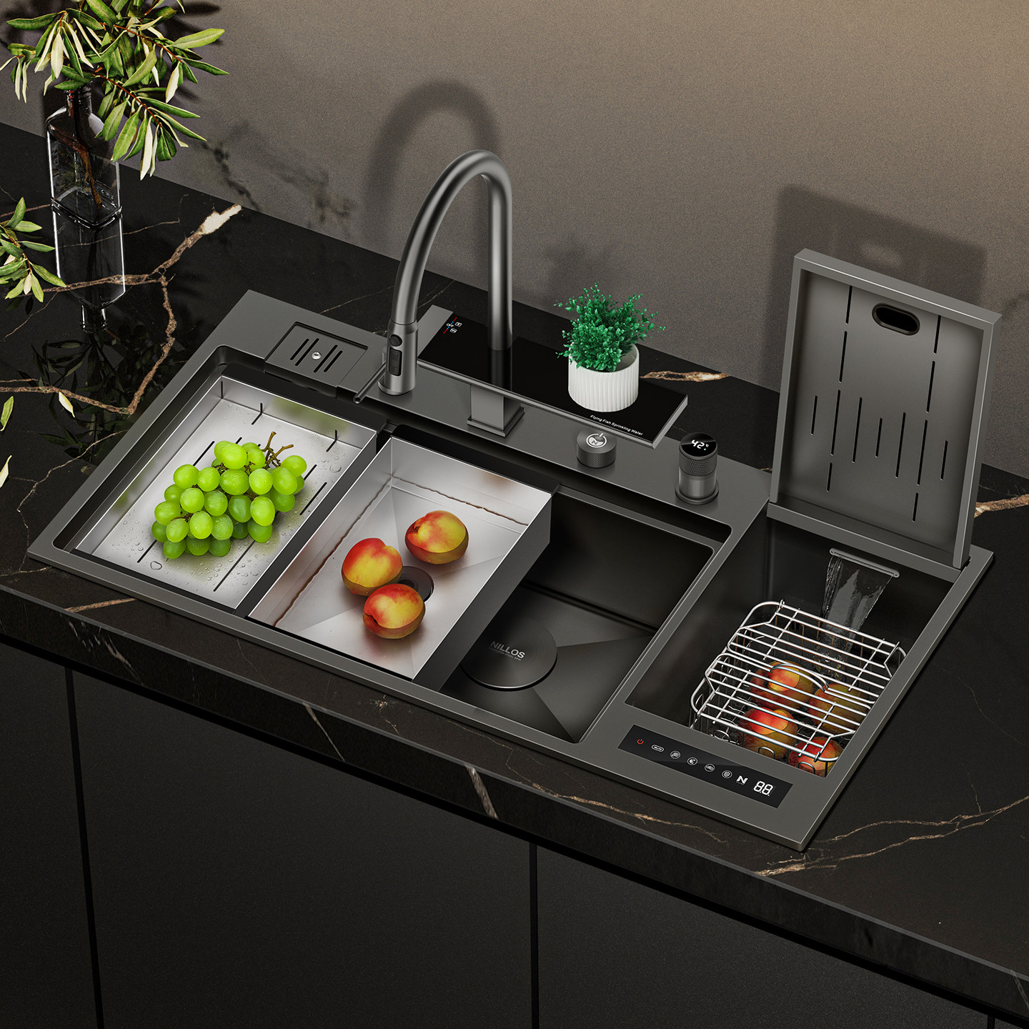 尼洛施智能果蔬净化水槽光水触媒杀菌纳米手工大双槽洗菜洗碗盆