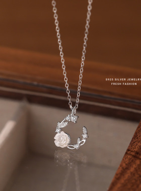 气质仙女风花环项链女s925纯银幻彩玫瑰花月牙锁骨链百搭首饰代发