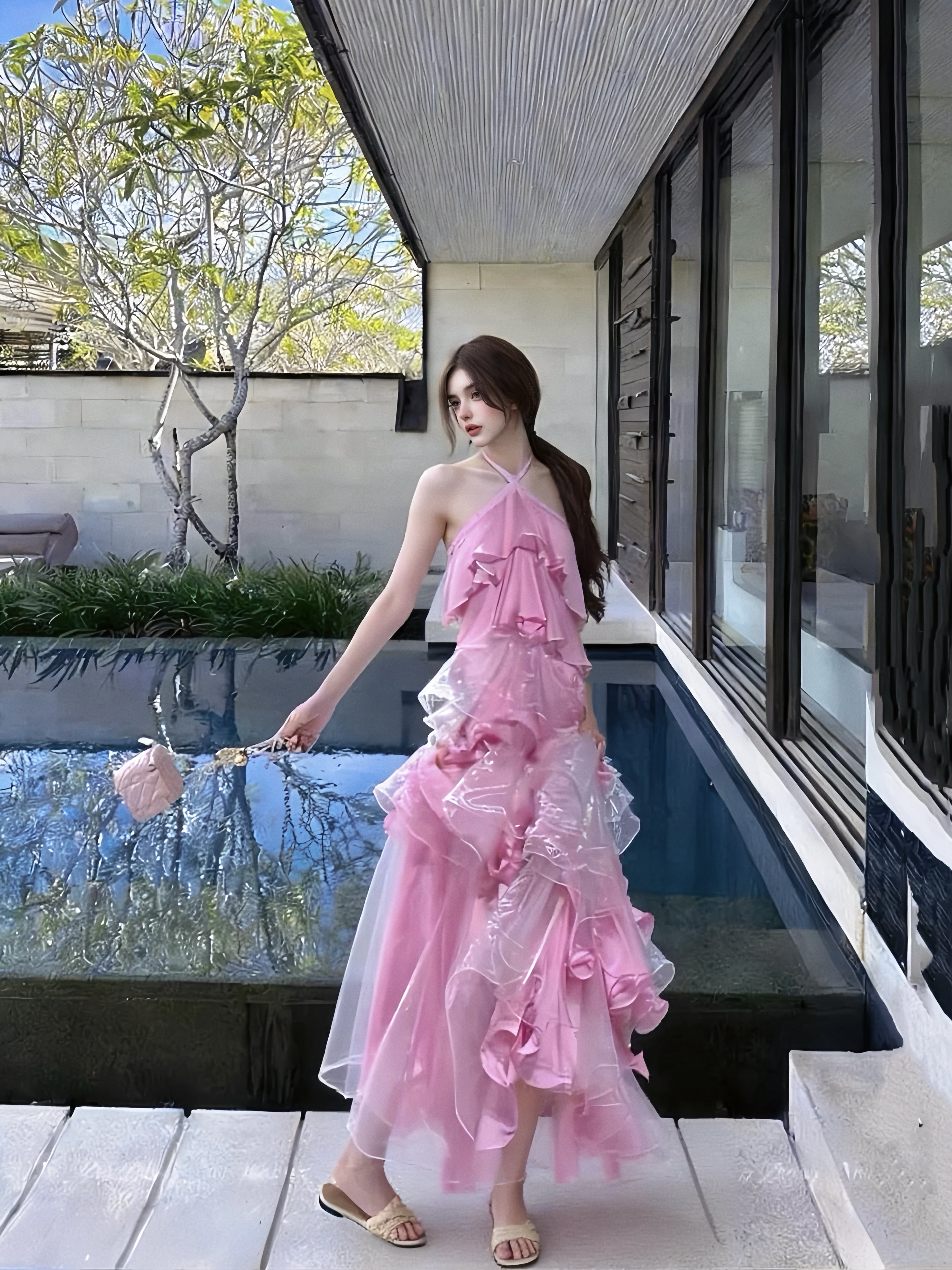 MSTO BALLET粉红少女 小众法式复古挂脖荷叶边蛋糕显瘦连衣裙礼服