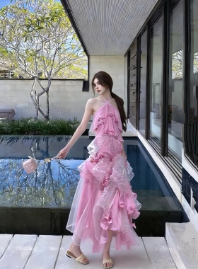 MSTO BALLET粉红少女 小众法式复古挂脖荷叶边蛋糕显瘦连衣裙礼服