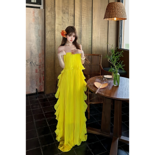 2026柠檬黄波浪荷叶褶温柔风 花漾轻吟 抹胸连衣裙 BALLET MSTO