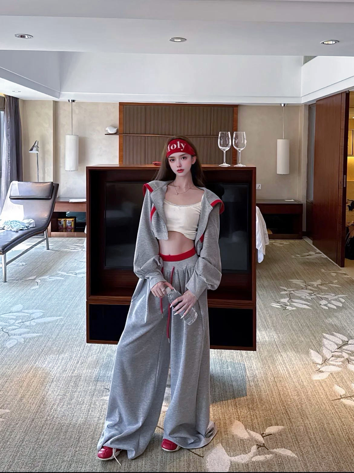 MSTO 甜酷少女.美式复古灰色连帽卫衣直筒阔腿裤休闲运动套装礼服图片