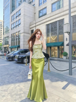 MSTOBALLET.翠屿清吟 新中式国风提花吊带醋酸鱼尾日常连衣裙礼服