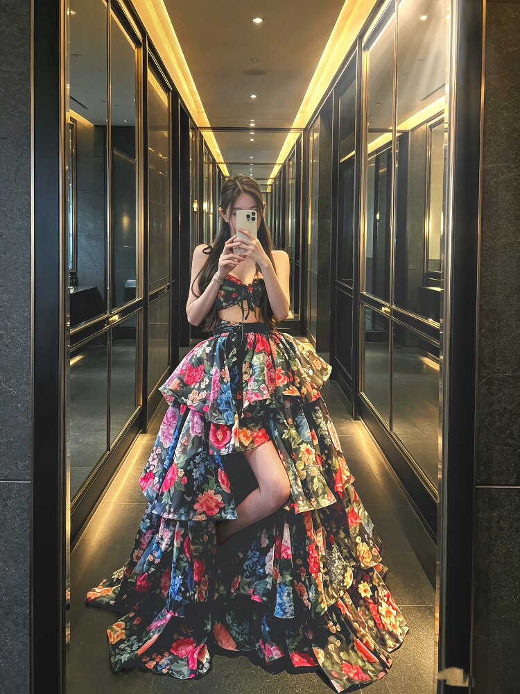 MSTOBALLET.黑底灿烂花园.印花抹胸吊带半裙套装连衣裙成人礼生日