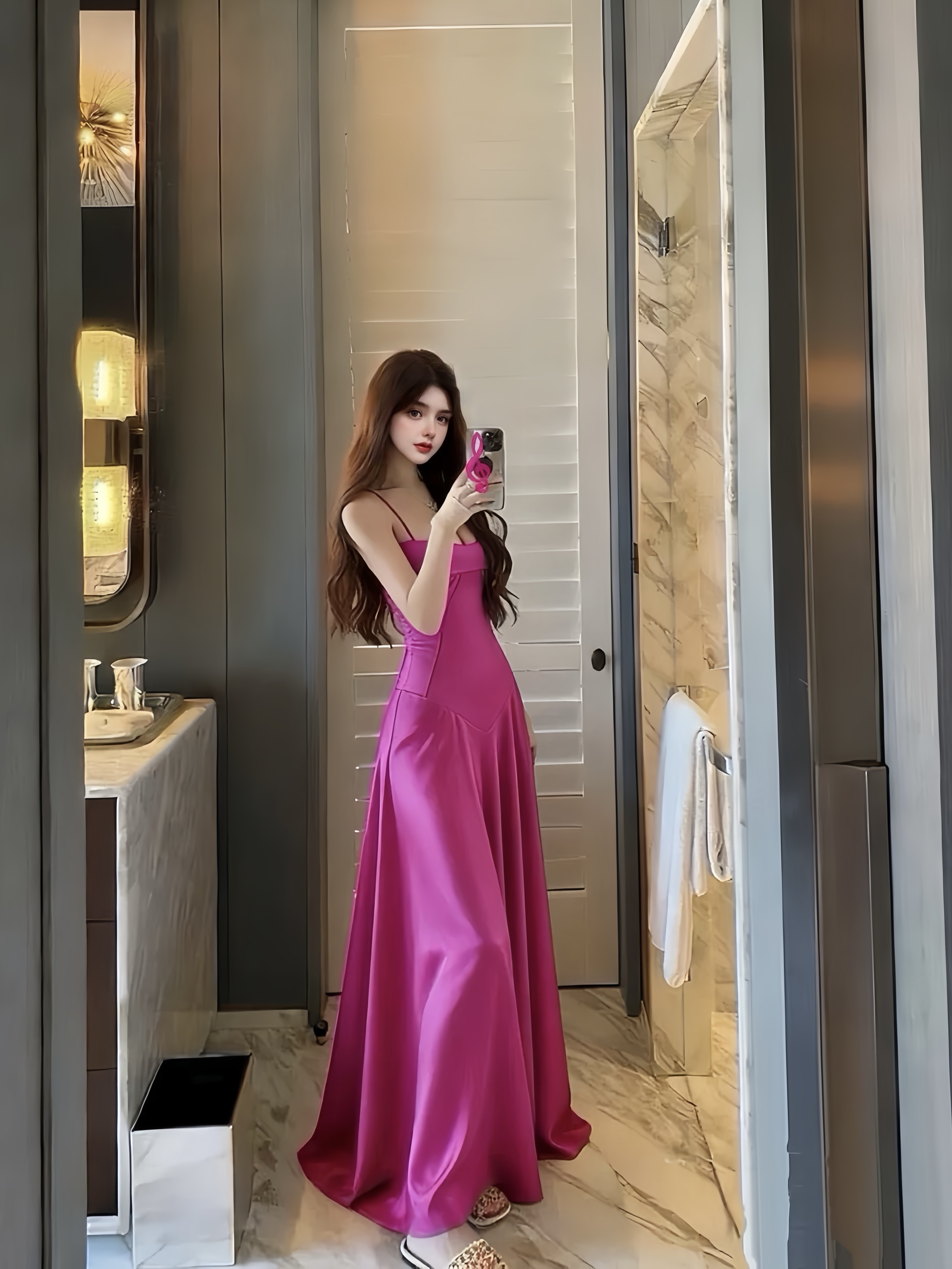 MSTO BALLET 流光玫红 御姐风缎面收腰显瘦吊带连衣裙生日裙礼服