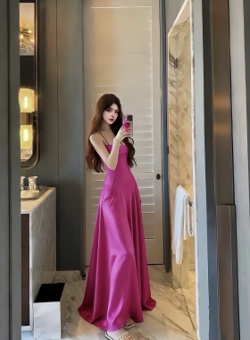 MSTO BALLET 流光玫红 御姐风缎面收腰显瘦吊带连衣裙生日裙礼服