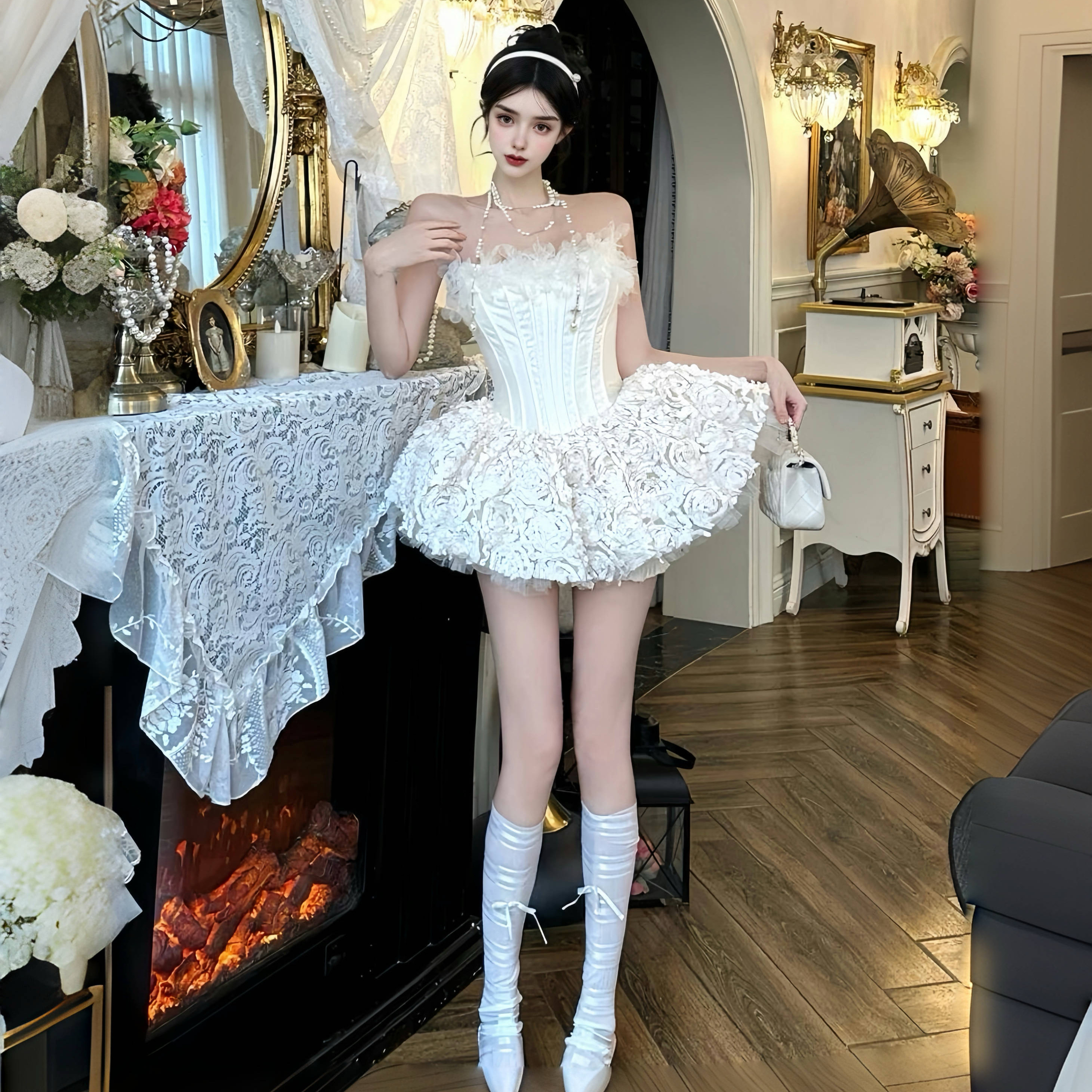 MSTO巴黎歌剧院蓬蓬裙定制花朵网纱芭蕾裙鱼骨束身系带抹胸连衣裙