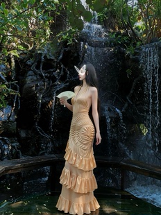 显瘦修身 MSTO 浅棕色挂脖礼服长裙轻奢名媛风 人鱼梦境 BALLET