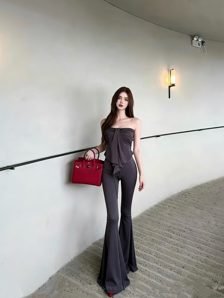 MSTO BALLET 紫雾缪斯 天丝莱赛尔罗纹抹胸+大喇叭裤瑜伽休闲套装