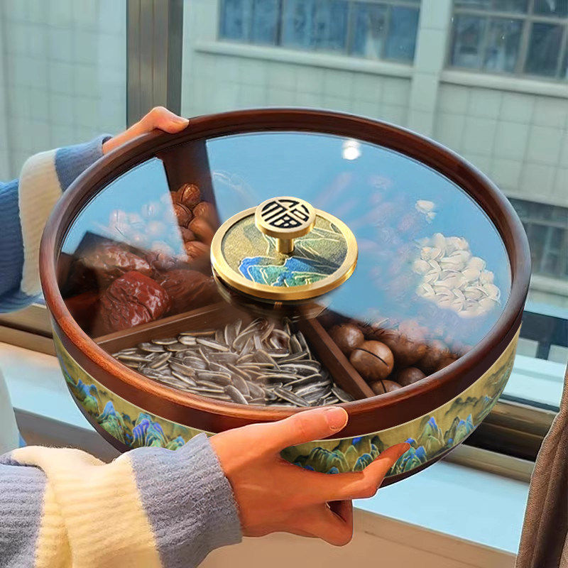 中式高级木实木果盘带盖分格坚果盘家用零食盘子千里江山创意个性