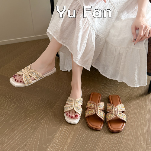 水钻h拖鞋女法式平底小香风凉拖