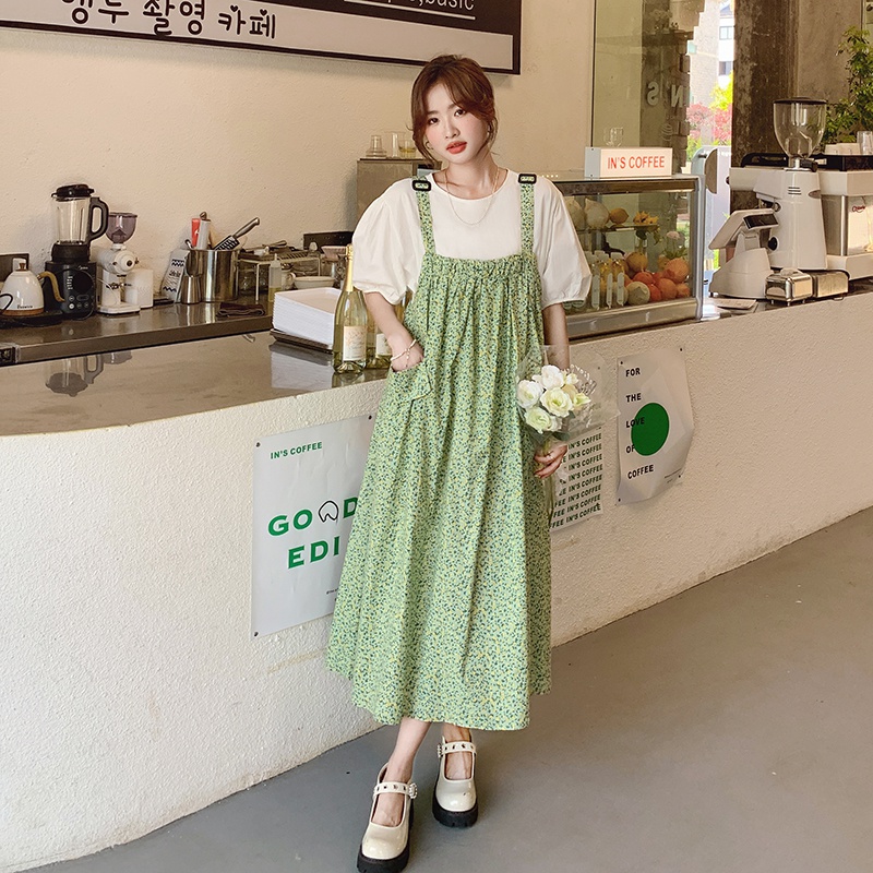 酷盐系绿色背带裙女夏2024年新款法式减龄吊带连衣裙韩版宽松长裙