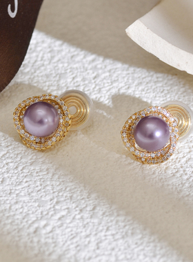 法式螺旋微镶锆石无耳洞耳夹高级感紫色珍珠蚊香盘耳饰高级感奢华