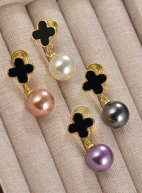 新款紫色水晶珍珠无耳洞耳夹个性气质奢华黑色四叶草蚊香盘耳饰女