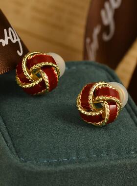 螺旋红色复古无耳洞耳夹高级感画油轻奢气质百搭蚊香盘耳饰秋冬女