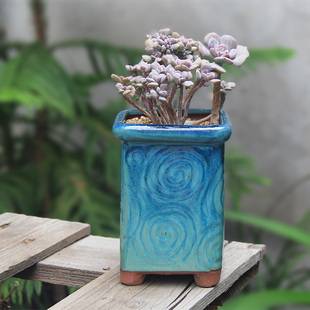 云纹老桩花器 多肉花盆素陶瓷流釉透气造型花盆韩式纯色创意方形