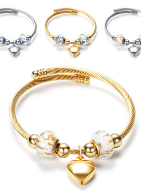 diy串珠不锈钢手镯 欧美风女士女士钛钢手镯开口爱心金色手链