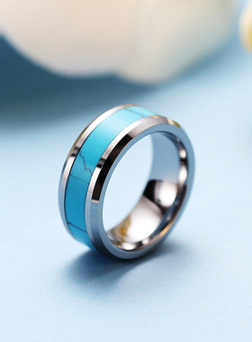 欧美跨境热卖8MM不锈钢天然绿松石时尚指环百搭个性戒指厂家