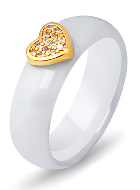 欧美跨境热卖简约6MM陶瓷微镶锆石心形黑白情侣钛钢戒指指环