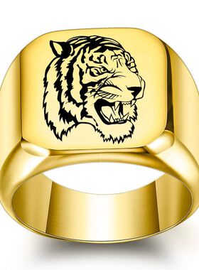 厂家批发 十二生肖激光雕刻虎年本命年东北虎18MM方形不锈钢戒指