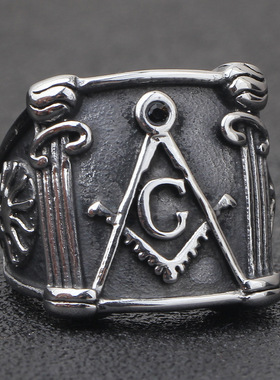 厂家 欧美时尚个性复古男士共济会Logo不锈钢钛钢戒指指环Ins