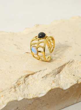 欧美网红镂空天然石钛钢开口戒指不掉色黑石小众感复古手饰女