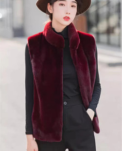 送给妈妈 爱100%整皮真皮毛一体獭兔波尔多红色马甲厂家直销假一