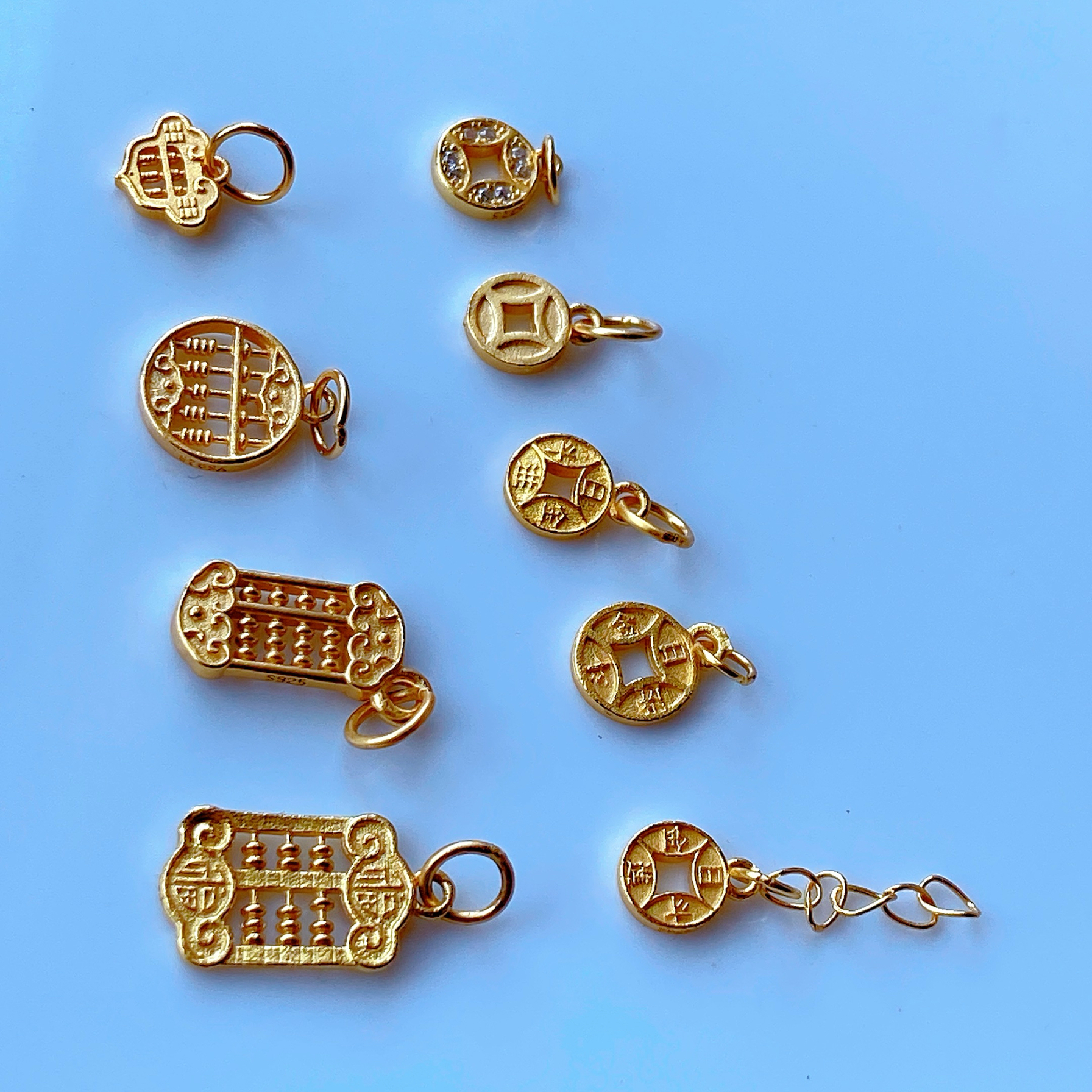 s925银镀金算盘钱币吊坠diy手串项链配件挂坠手工编绳饰品纯银