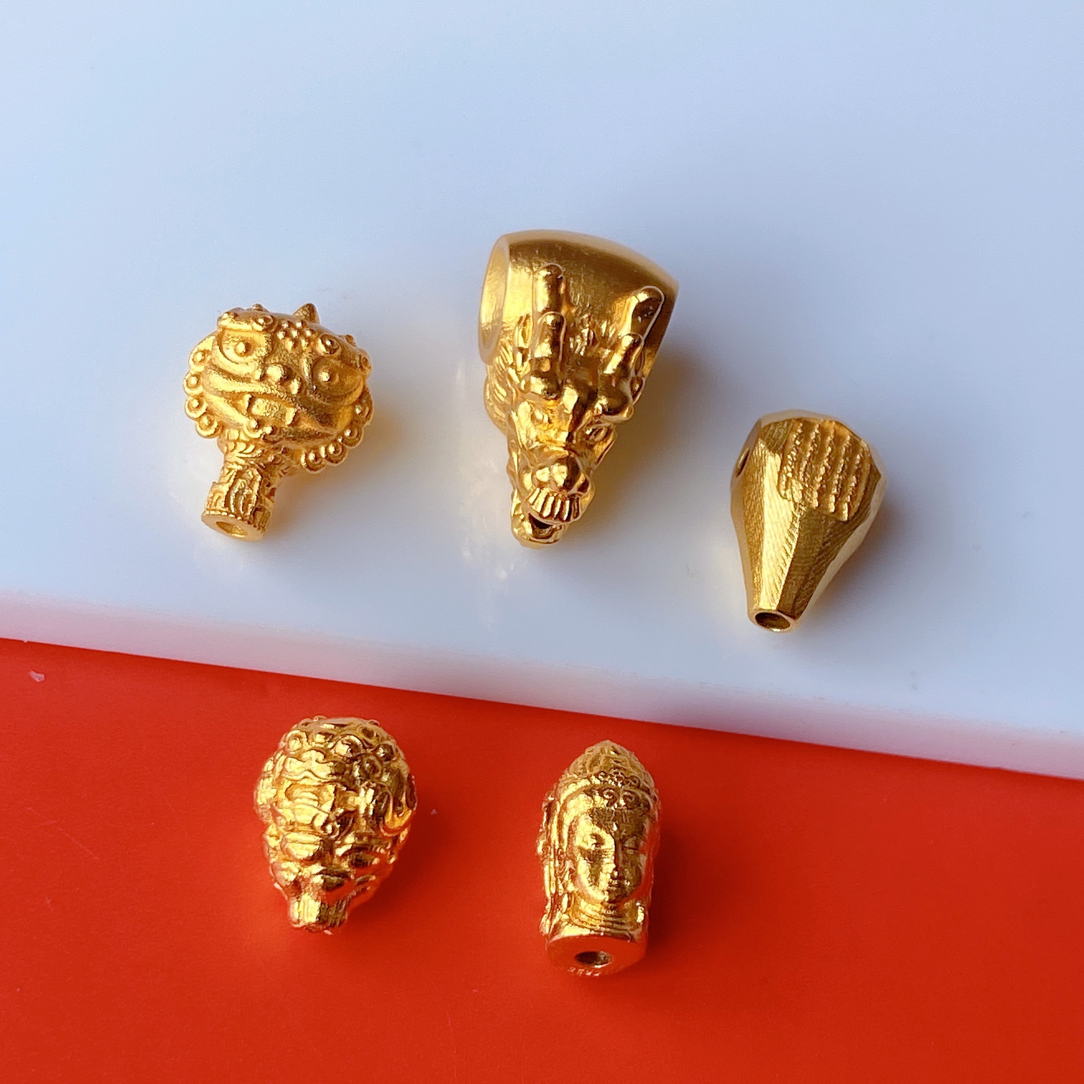 全新s925银镀金龙头三通diy手串项链佛珠链配件纯银五条经佛头