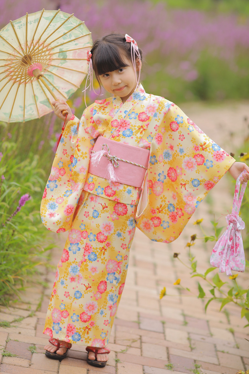 包邮春秋日本防皱女儿童和服浴衣配腰封宝宝正装振袖和服黄樱花